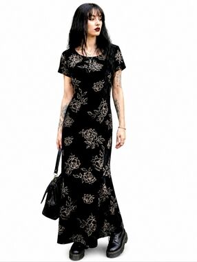 Vintage CLE Paris Black Floral Velvet Maxi Dress Size L Witchy Whimsigoth 90s